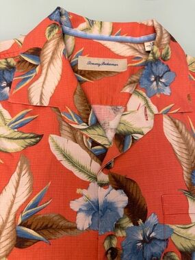 Tommy Bahama Coral Hawaiian Camp Silk Shirt with Blue Hibiscus Large